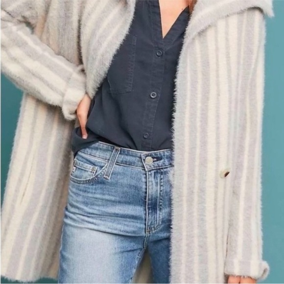 Moth by Anthropologie Wool/Alpaca Cream and Gray Striped Eyelash Cardigan Coat - Picture 3 of 4